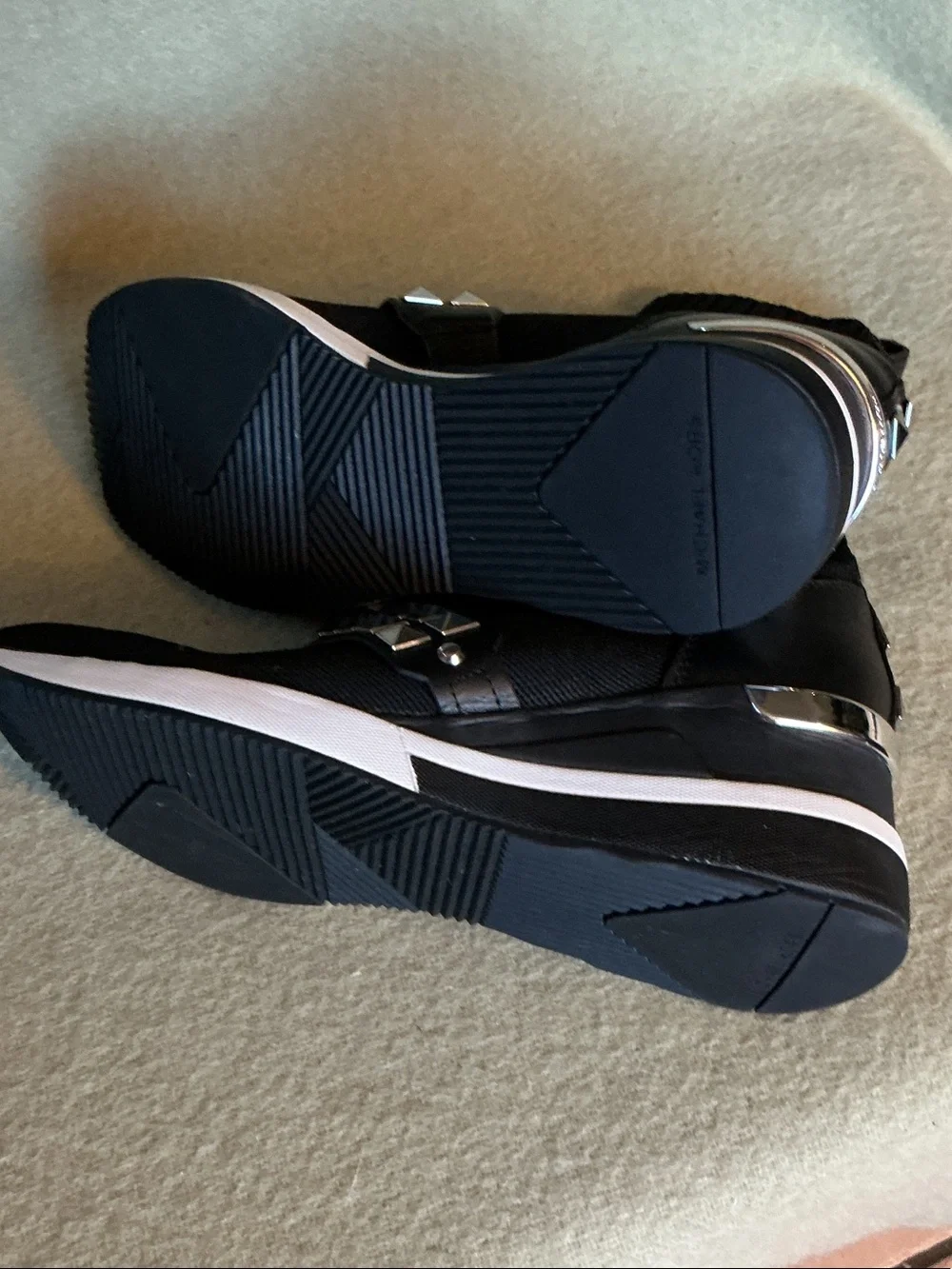 Michael Kors Black Knit Slip-On Sneakers with Silver Pyramid Stud Strap